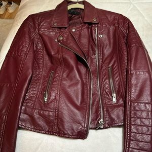 Burgundy faux leather moto jacket